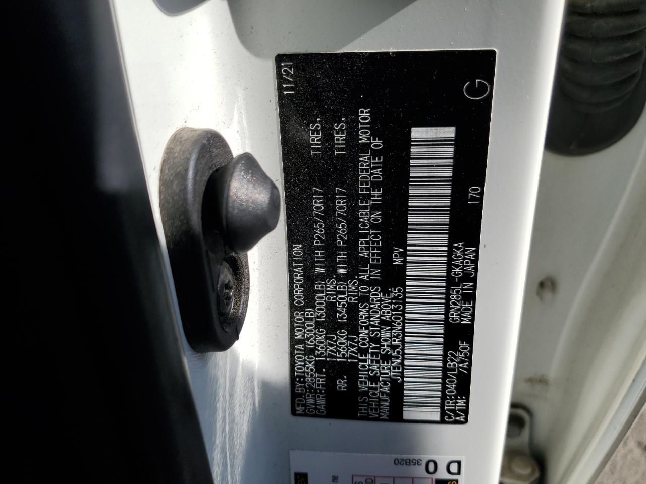 2022 TOYOTA 4RUNNER SR5/SR5 PREMIUM VIN:JTENU5JR3N6013135