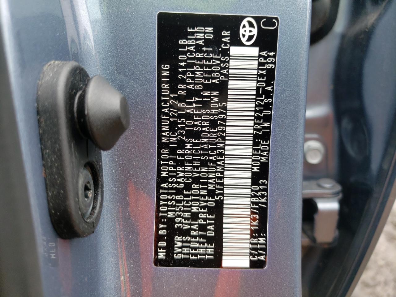 2022 TOYOTA COROLLA LE VIN:5YFEPMAE3NP297975