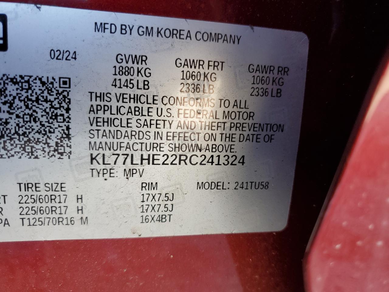 2024 CHEVROLET TRAX 1LT VIN:KL77LHE22RC241324