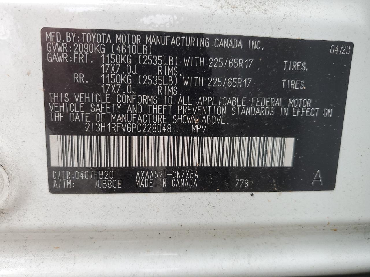 2023 TOYOTA RAV4 LE VIN:2T3H1RFV6PC228048