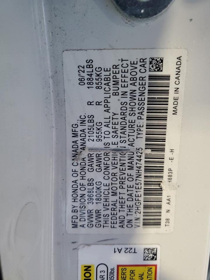 2022 HONDA CIVIC SI VIN:2HGFE1E57NH474425