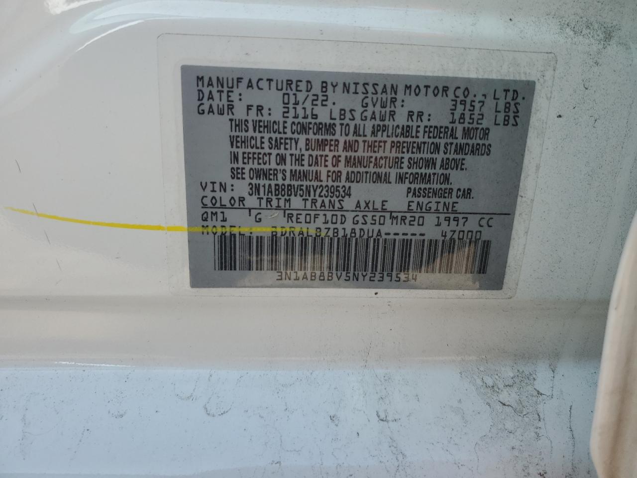 2022 NISSAN SENTRA S VIN:3N1AB8BV5NY239534