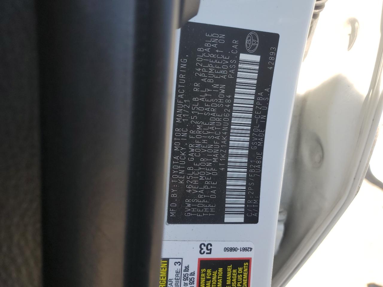 2022 TOYOTA CAMRY TRD VIN:4T1KZ1AK4NU062484