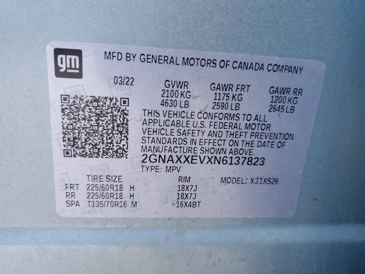 2022 CHEVROLET EQUINOX PREMIER VIN:2GNAXXEVXN6137823