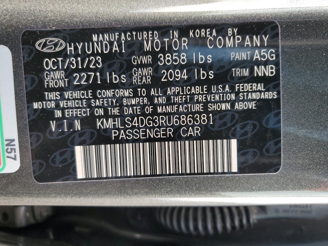 2024 HYUNDAI ELANTRA SEL VIN:KMHLS4DG3RU686381
