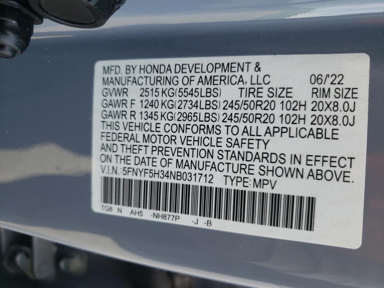 2022 HONDA PILOT SPORT VIN:5FNYF5H34NB031712