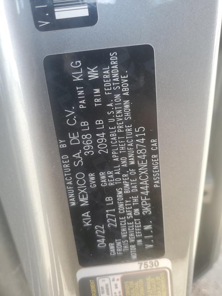 2022 KIA FORTE GT VIN:3KPF44ACXNE487415