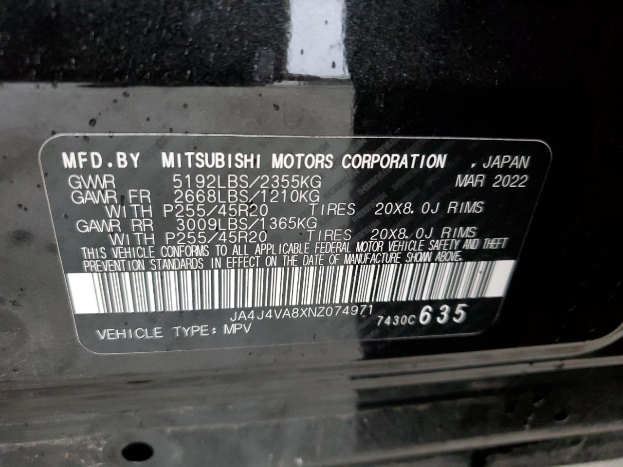 2022 MITSUBISHI OUTLANDER SEL VIN:JA4J4VA8XNZ074971