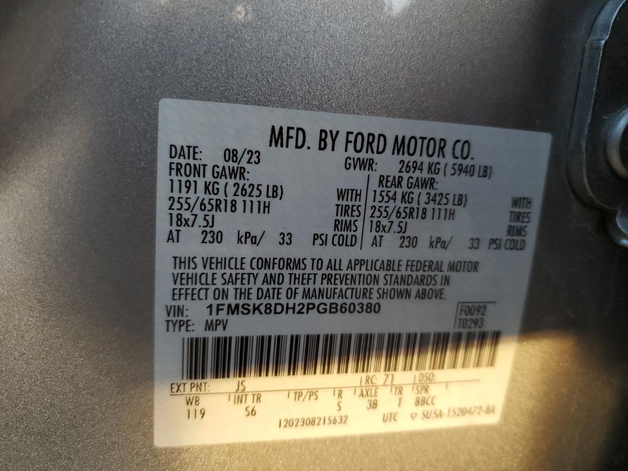 2023 FORD EXPLORER XLT VIN:1FMSK8DH2PGB60380