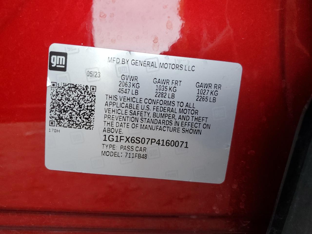 2023 CHEVROLET BOLT EV 2LT VIN:1G1FX6S07P4160071