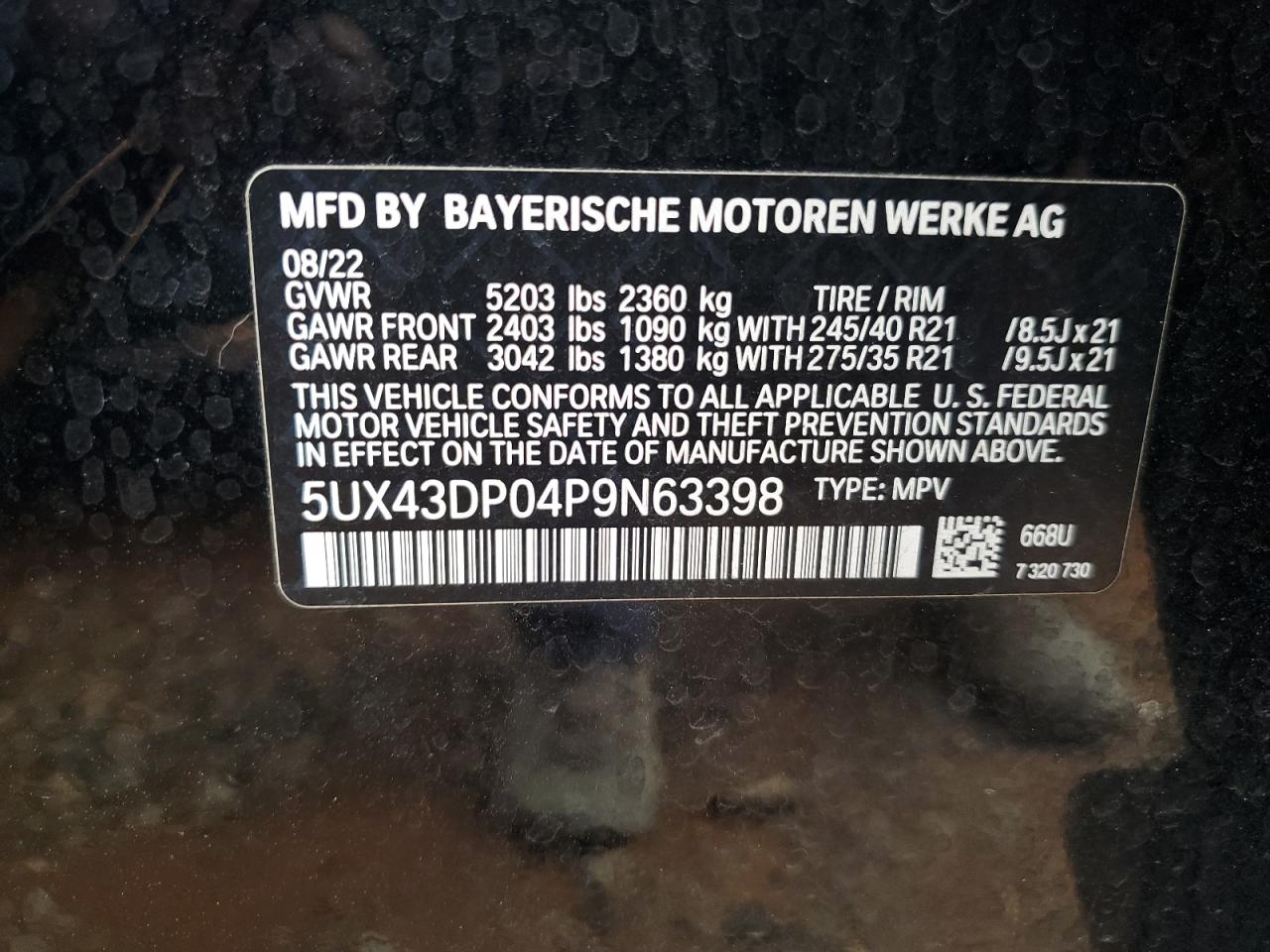 2023 BMW X3 SDRIVE30I VIN:5UX43DP04P9N63398