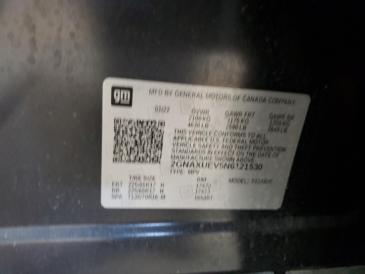 2022 CHEVROLET EQUINOX LT VIN:2GNAXUEV5N6121530