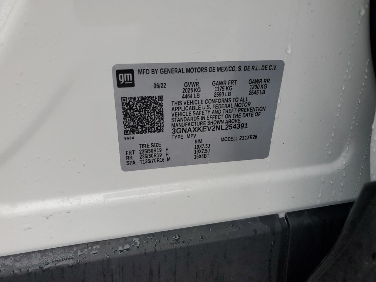 2022 CHEVROLET EQUINOX LT VIN:3GNAXKEV2NL254391