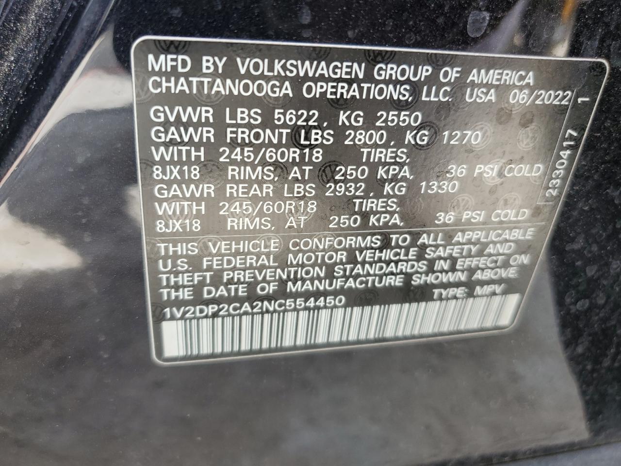 2022 VOLKSWAGEN ATLAS SE VIN:1V2DP2CA2NC554450