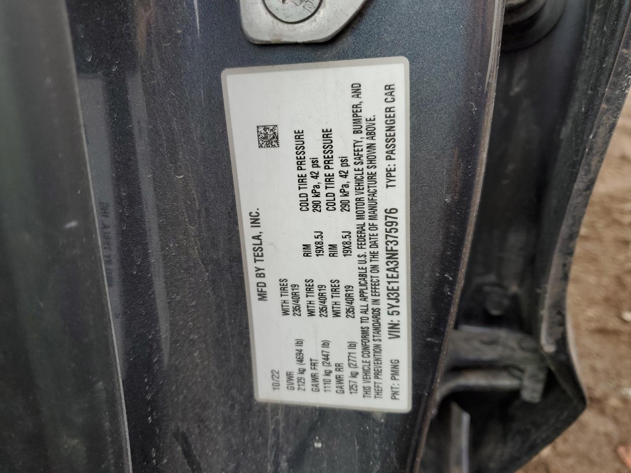 2022 TESLA MODEL 3  VIN:5YJ3E1EA3NF375976