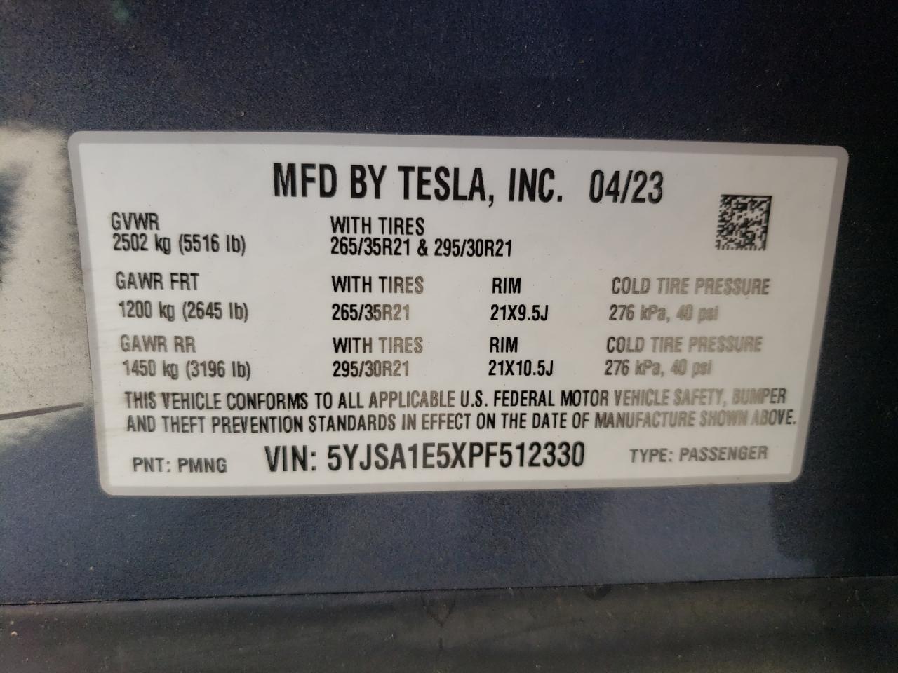 2023 TESLA MODEL S  VIN:5YJSA1E5XPF512330