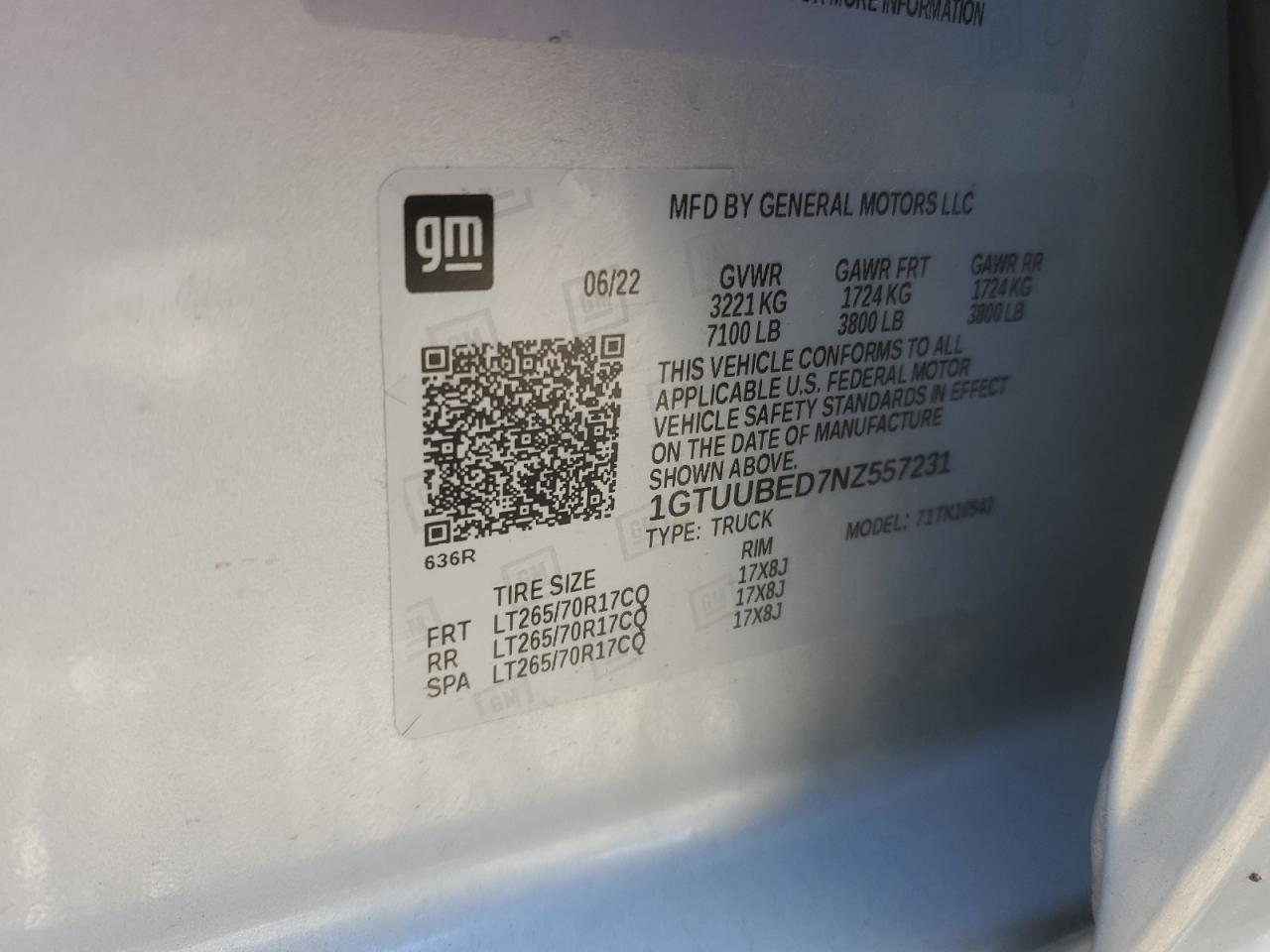 2022 GMC SIERRA K1500 SLE VIN:1GTUUBED7NZ557231