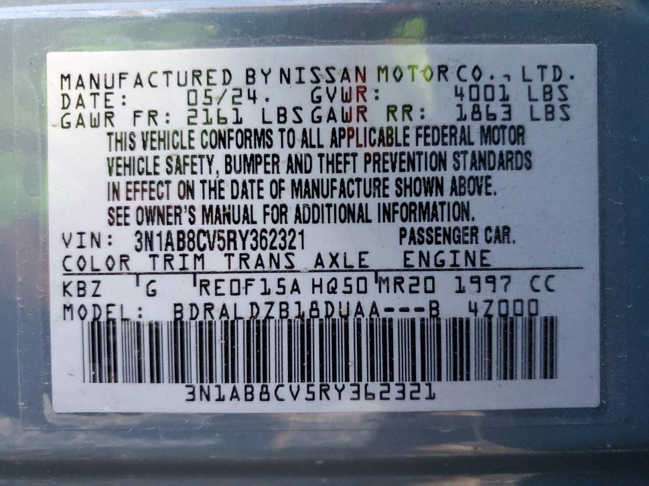 2024 NISSAN SENTRA SV VIN:3N1AB8CV5RY362321