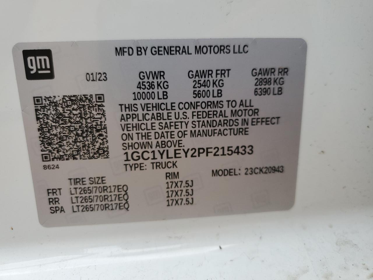 2023 CHEVROLET SILVERADO K2500 HEAVY DUTY VIN:1GC1YLEY2PF215433