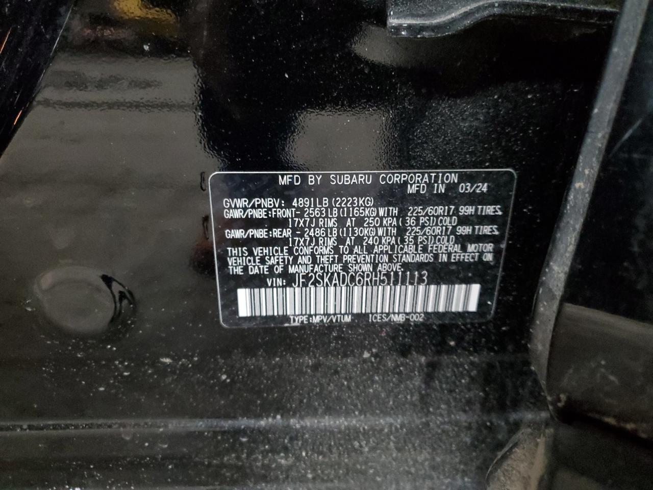 2024 SUBARU FORESTER PREMIUM VIN:JF2SKADC6RH511113