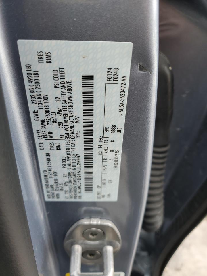 2022 LINCOLN CORSAIR  VIN:5LMCJ1D91NUL25967