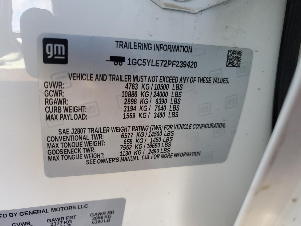 2023 CHEVROLET SILVERADO K2500 HEAVY DUTY VIN:1GC5YLE72PF239420