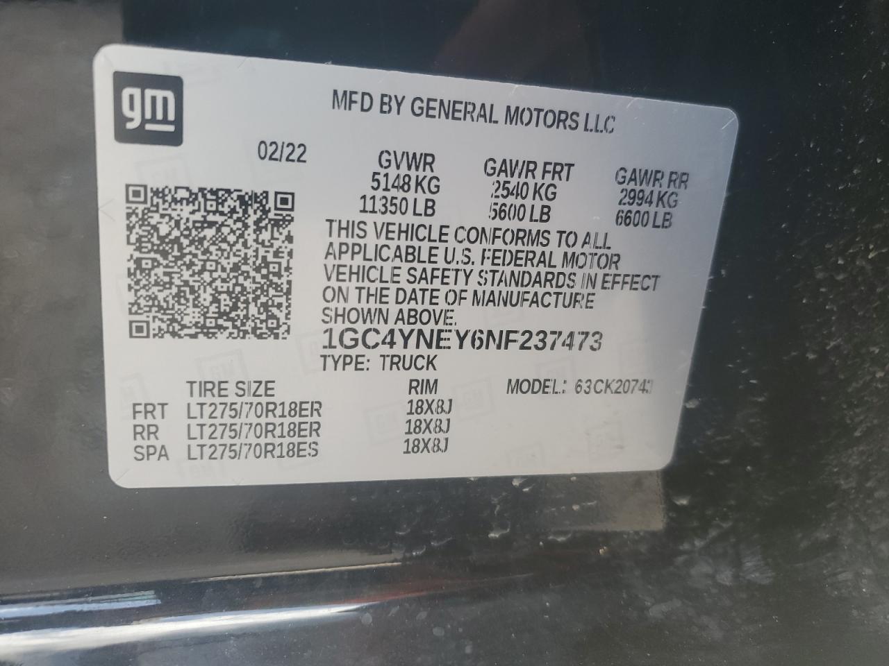 2022 CHEVROLET SILVERADO K2500 HEAVY DUTY LT VIN:1GC4YNEY6NF237473