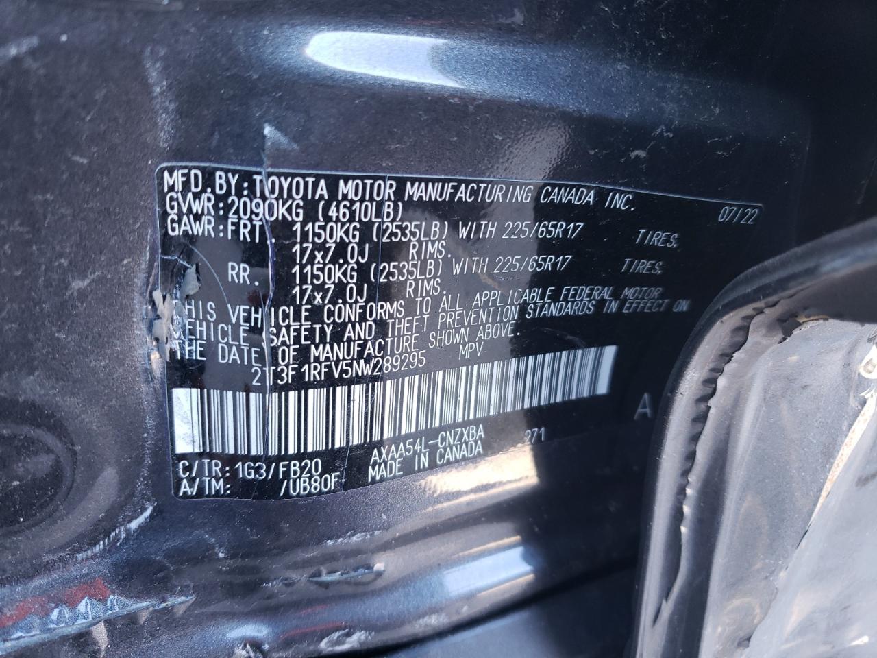 2022 TOYOTA RAV4 LE VIN:2T3F1RFV5NW289295