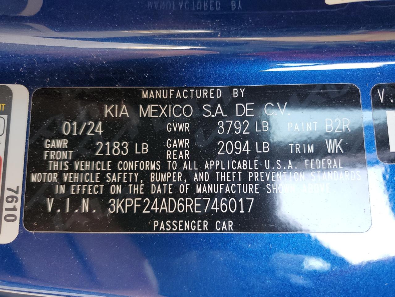 2024 KIA FORTE LX VIN:3KPF24AD6RE746017