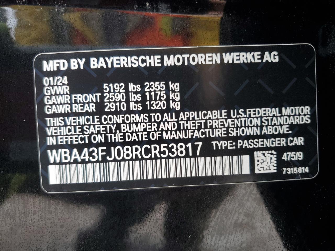 2024 BMW 530 I VIN:WBA43FJ08RCR53817