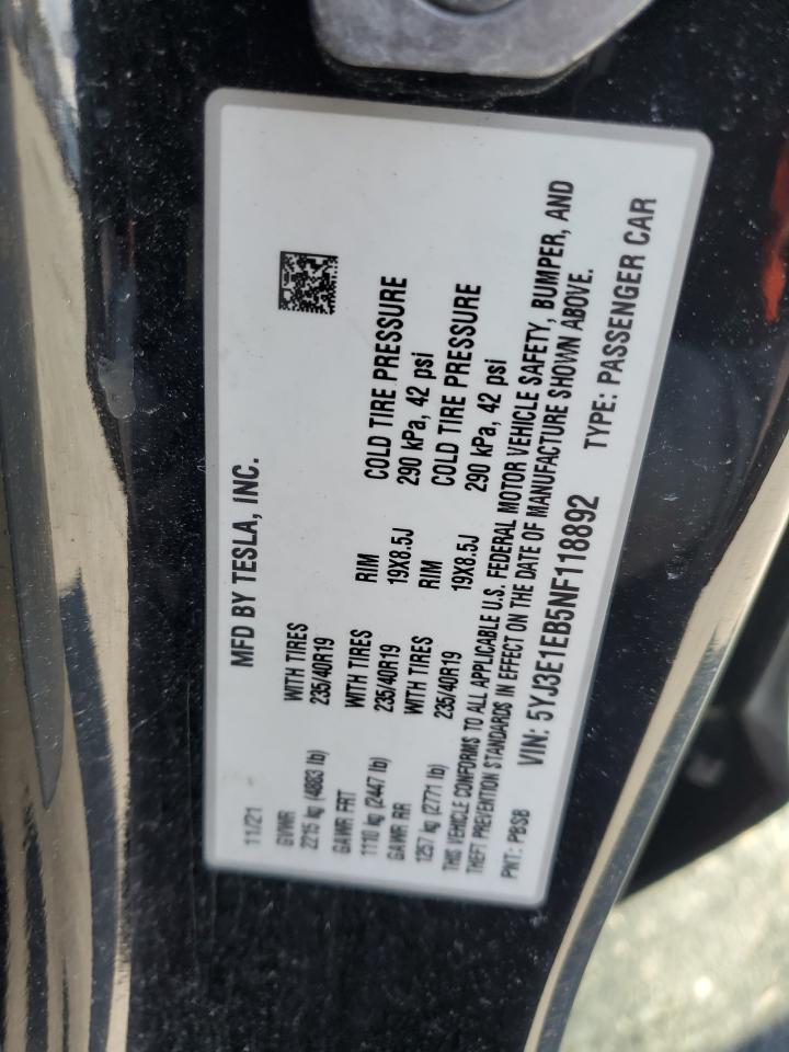2022 TESLA MODEL 3  VIN:5YJ3E1EB5NF118892