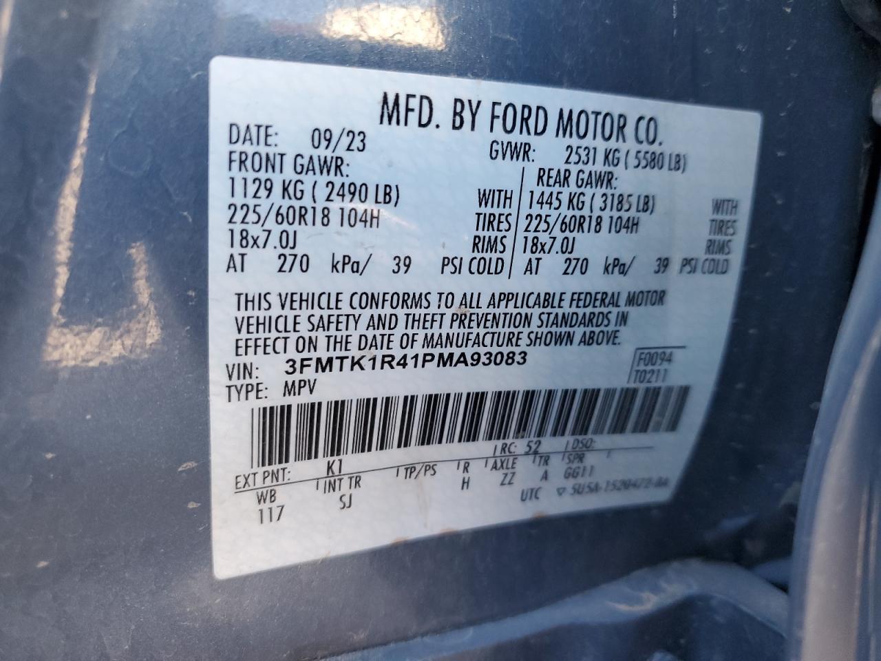 2023 FORD MUSTANG MACH-E SELECT VIN:3FMTK1R41PMA93083