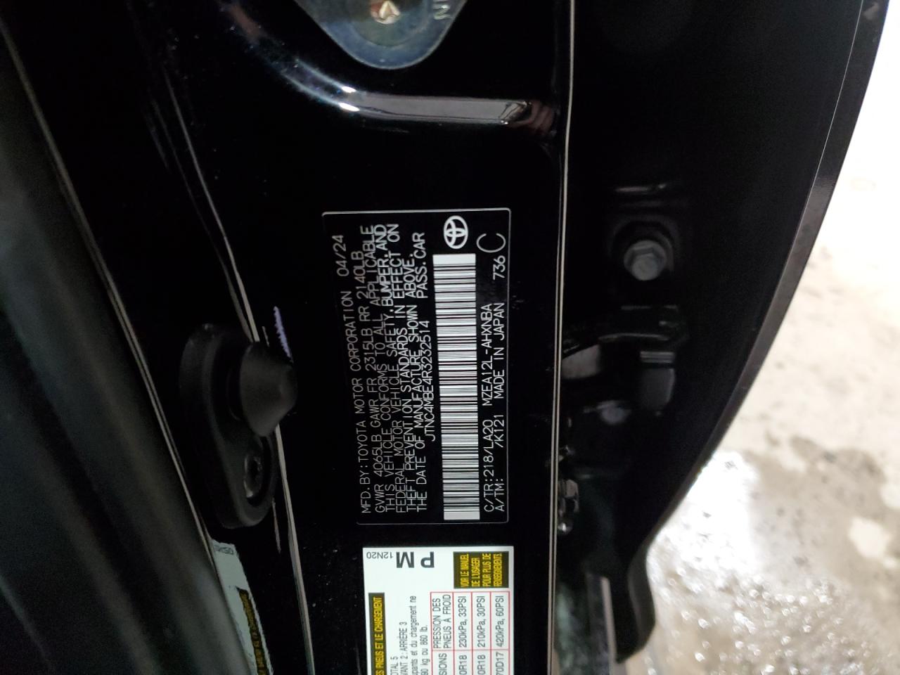 2024 TOYOTA COROLLA XSE VIN:JTNC4MBE4R3232514