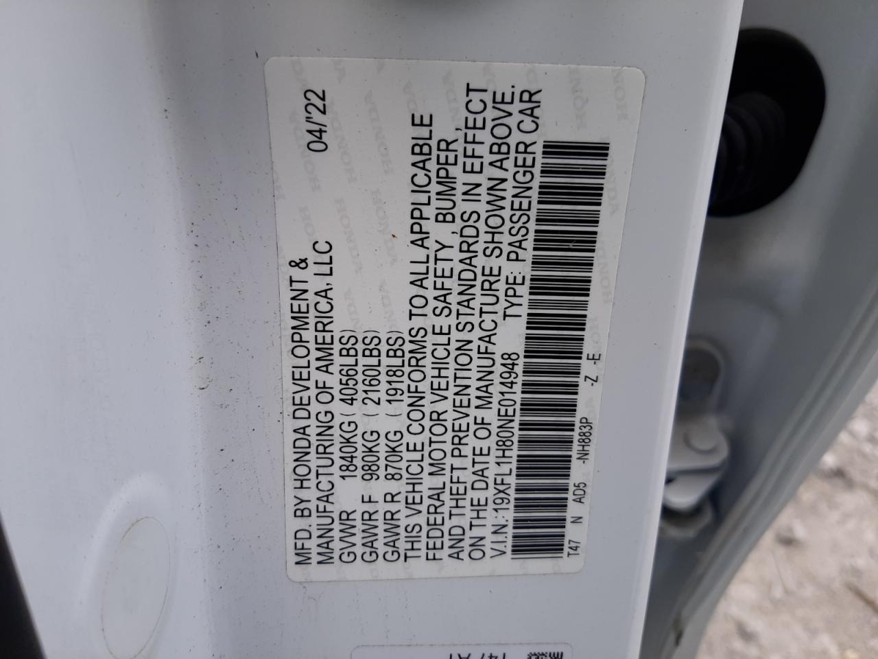 2022 HONDA CIVIC SPORT TOURING VIN:19XFL1H80NE14948