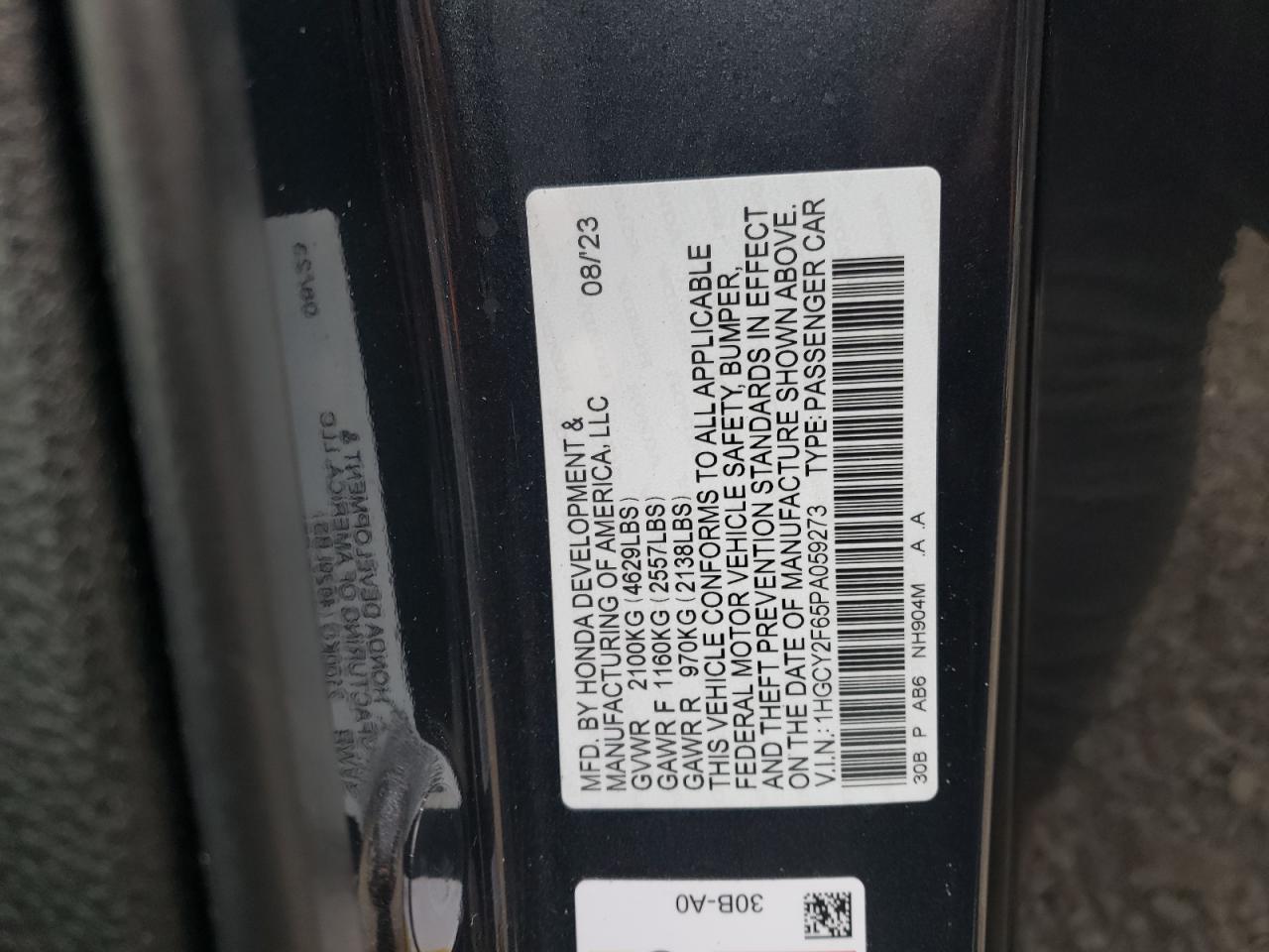 2023 HONDA ACCORD HYBRID EXL VIN:1HGCY2F65PA059273