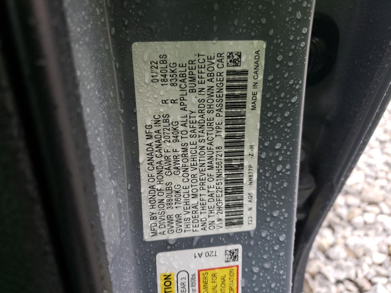 2022 HONDA CIVIC SPORT VIN:2HGFE2F51NH567218