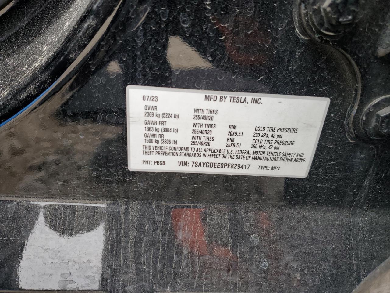 2023 TESLA MODEL Y  VIN:7SAYGDEE0PF829417