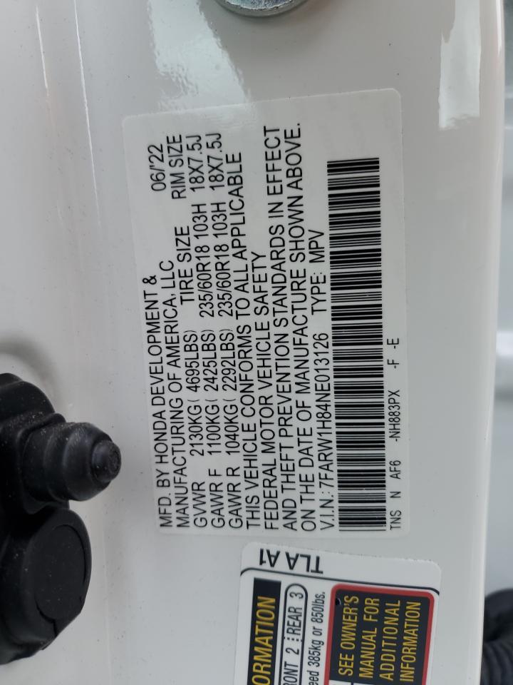 2022 HONDA CR-V EXL VIN:7FARW1H84NE013126