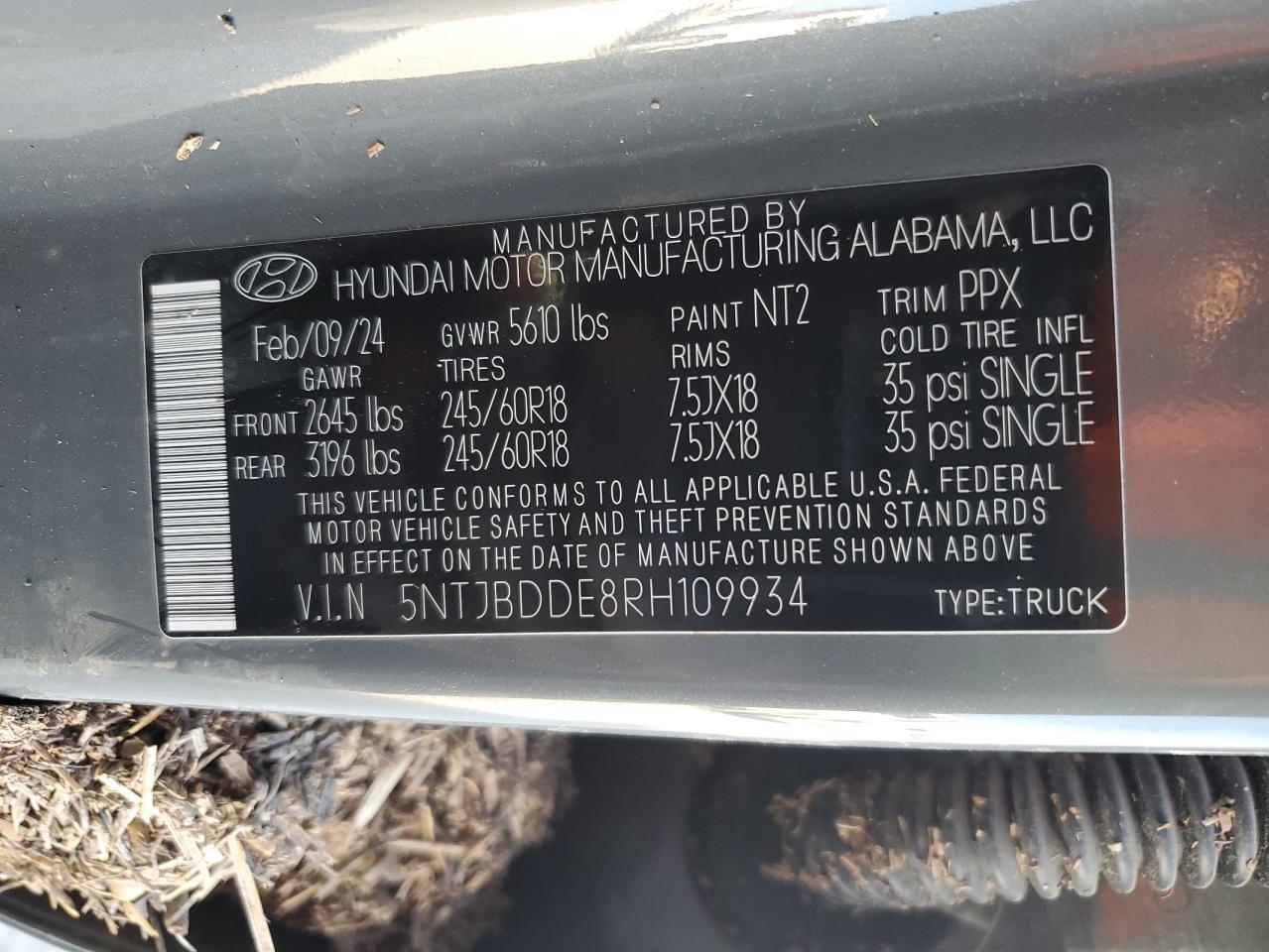 2024 HYUNDAI SANTA CRUZ SEL VIN:5NTJBDDE8RH109934