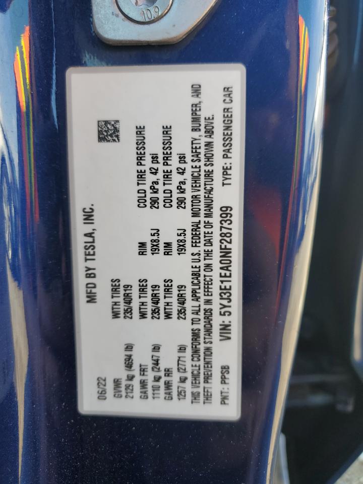 2022 TESLA MODEL 3  VIN:WP0AA2A8XNS255297