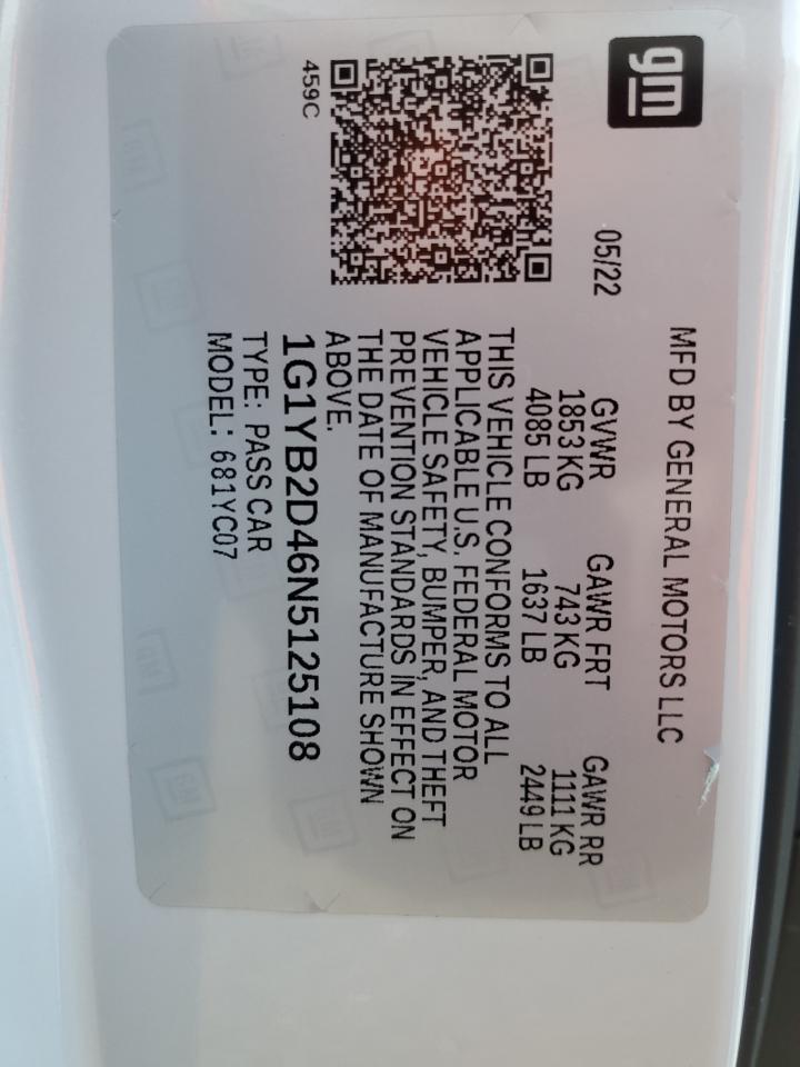 2022 CHEVROLET CORVETTE STINGRAY 2LT VIN:1G1YB2D46N5125108