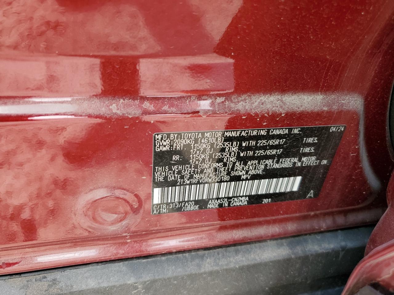 2024 TOYOTA RAV4 XLE VIN:2T3W1RFV0RW330180