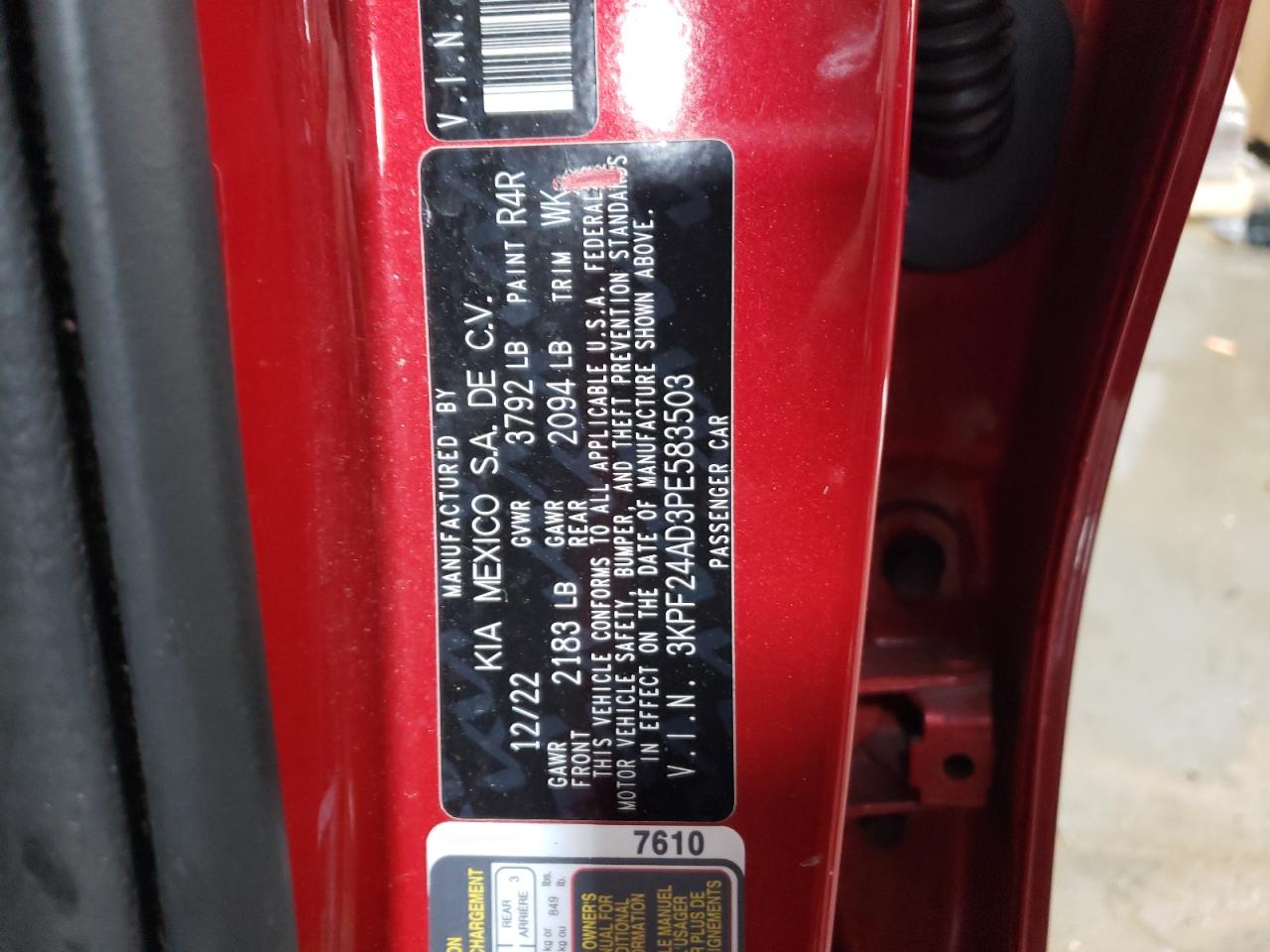 2023 KIA FORTE LX VIN:3KPF24AD3PE583503