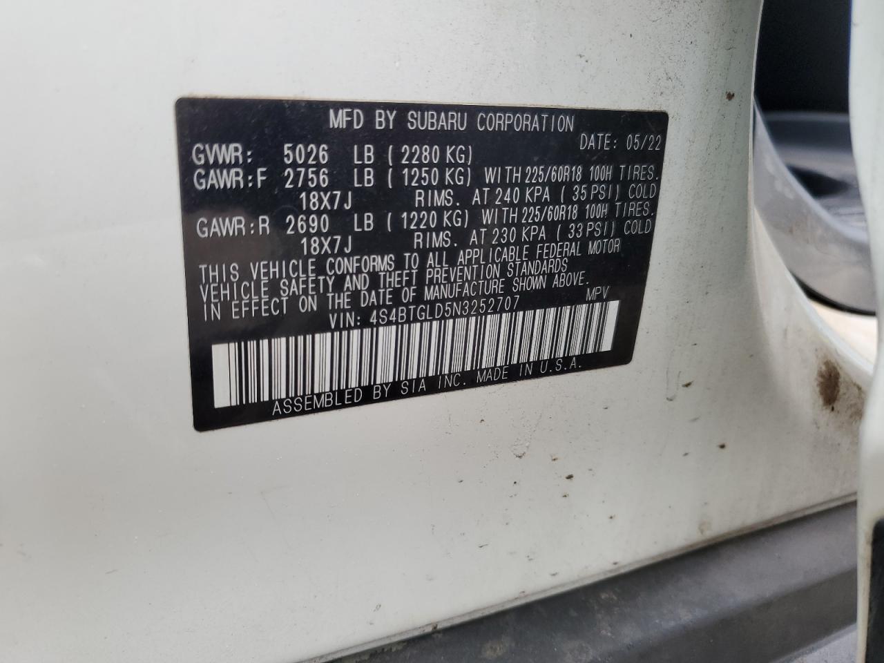 2022 SUBARU OUTBACK ONYX EDITION XT VIN:4S4BTGLD5N3252707