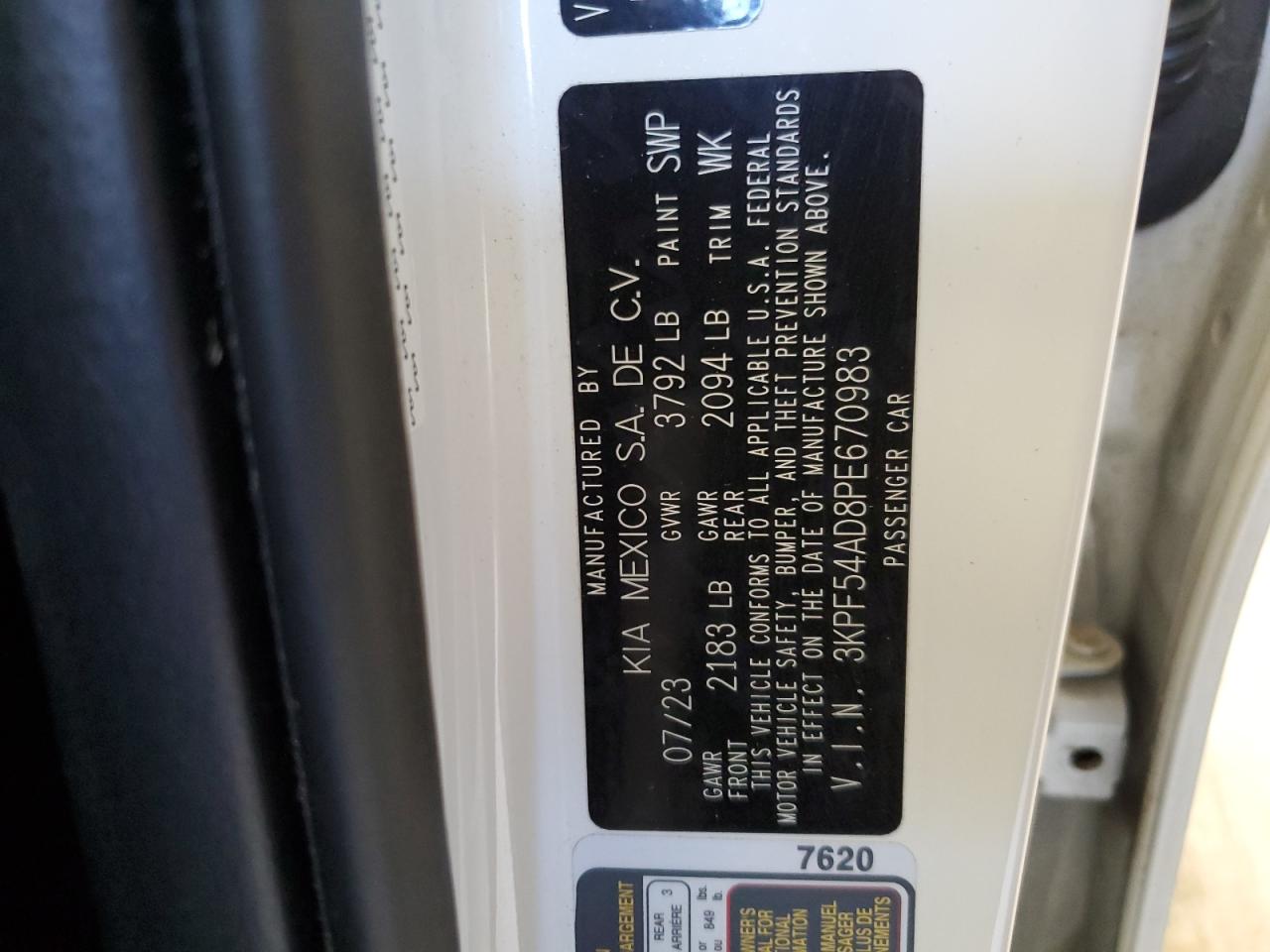 2023 KIA FORTE GT LINE VIN:3KPF54AD8PE670983