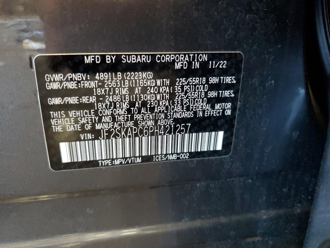 2023 SUBARU FORESTER LIMITED VIN:JF2SKAPC6PH421257