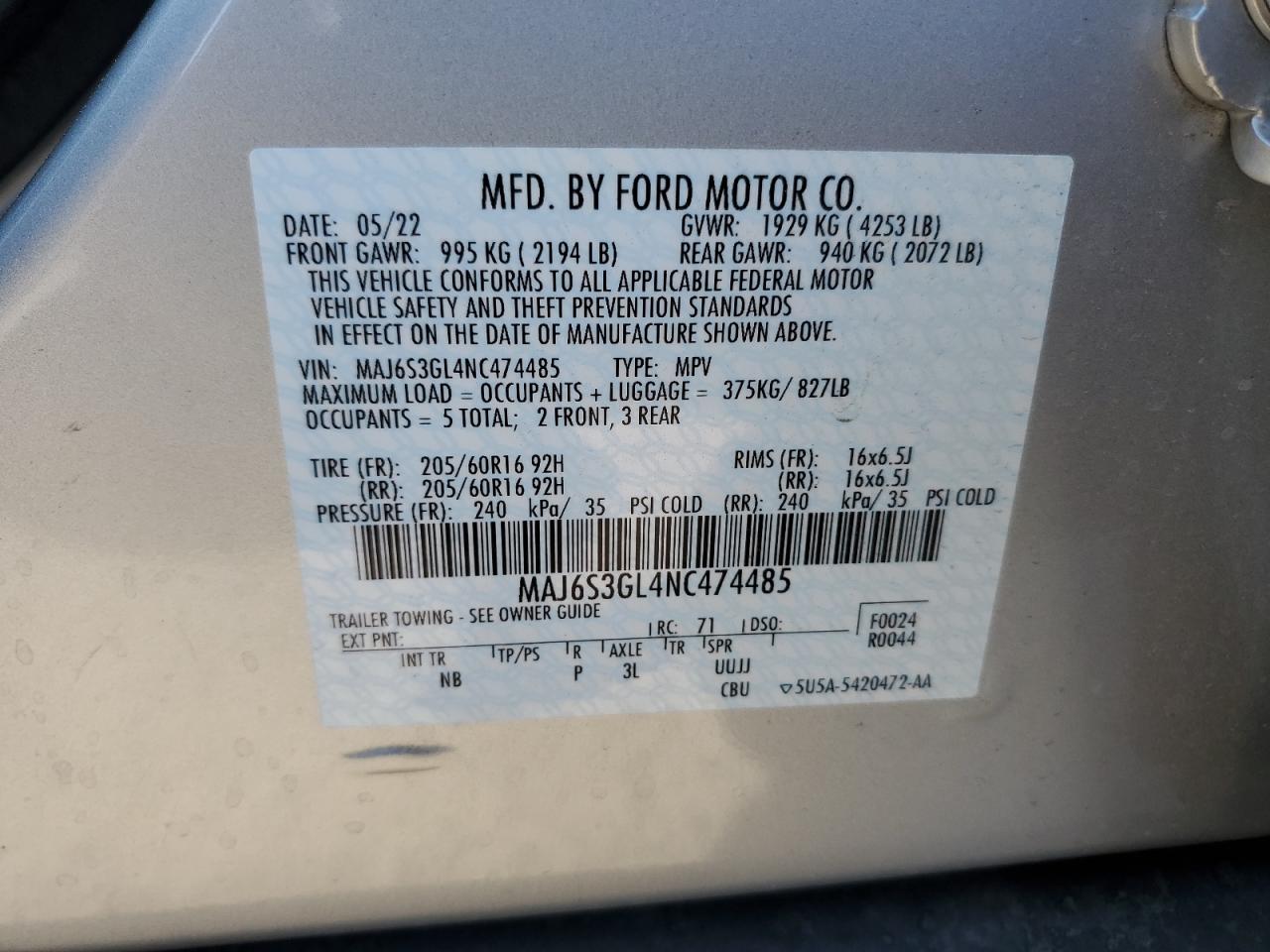2022 FORD ECOSPORT SE VIN:MAJ6S3GL4NC474485