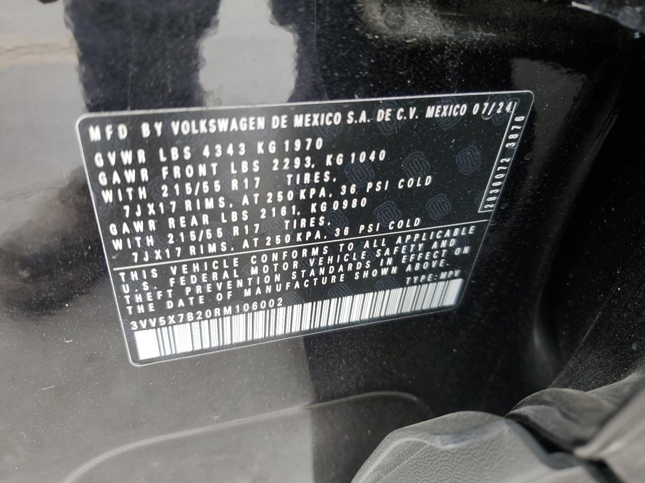 2024 VOLKSWAGEN TAOS S VIN:3VV5X7B20RM106002