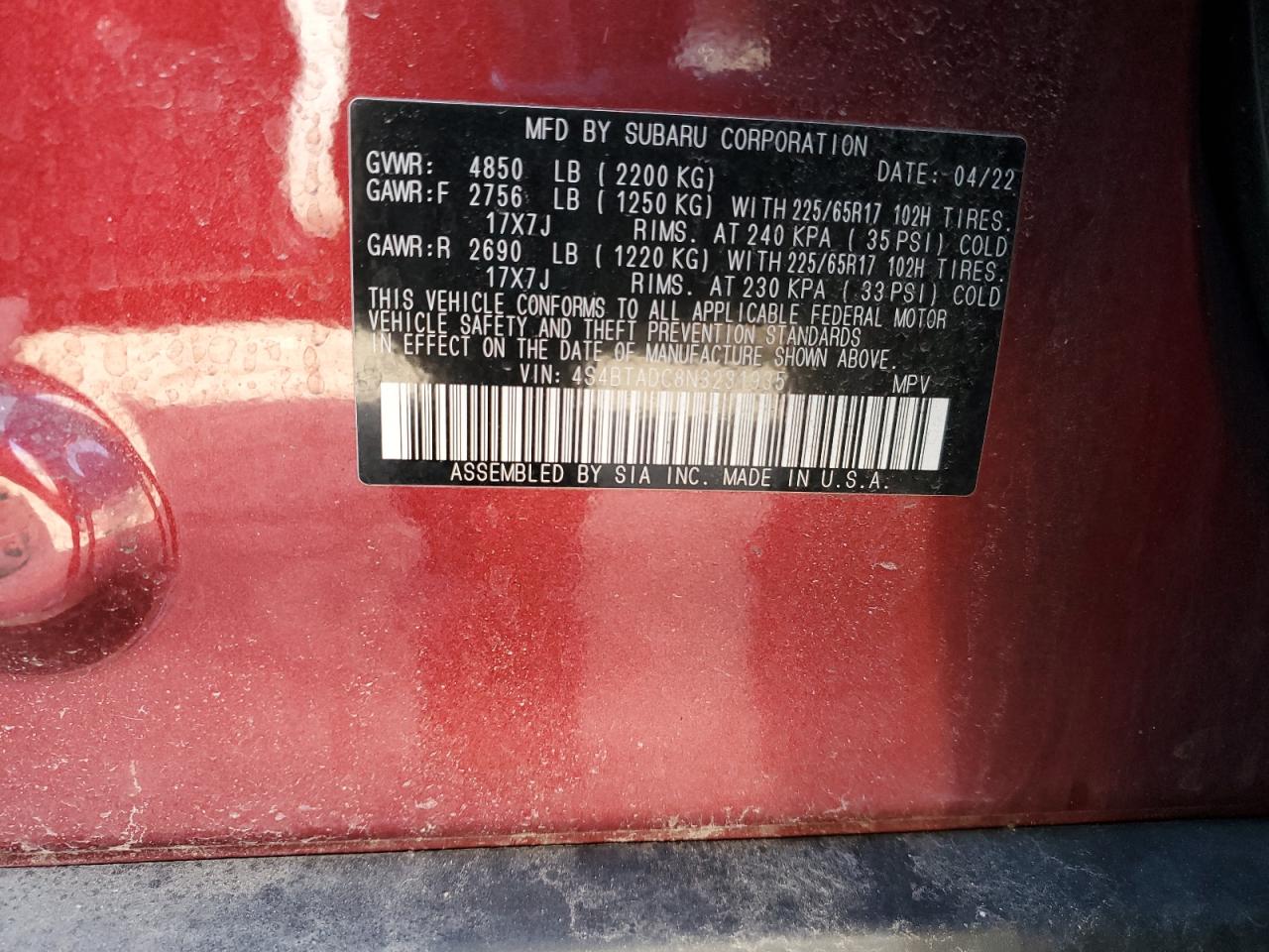 2022 SUBARU OUTBACK PREMIUM VIN:4S4BTADC8N3231935