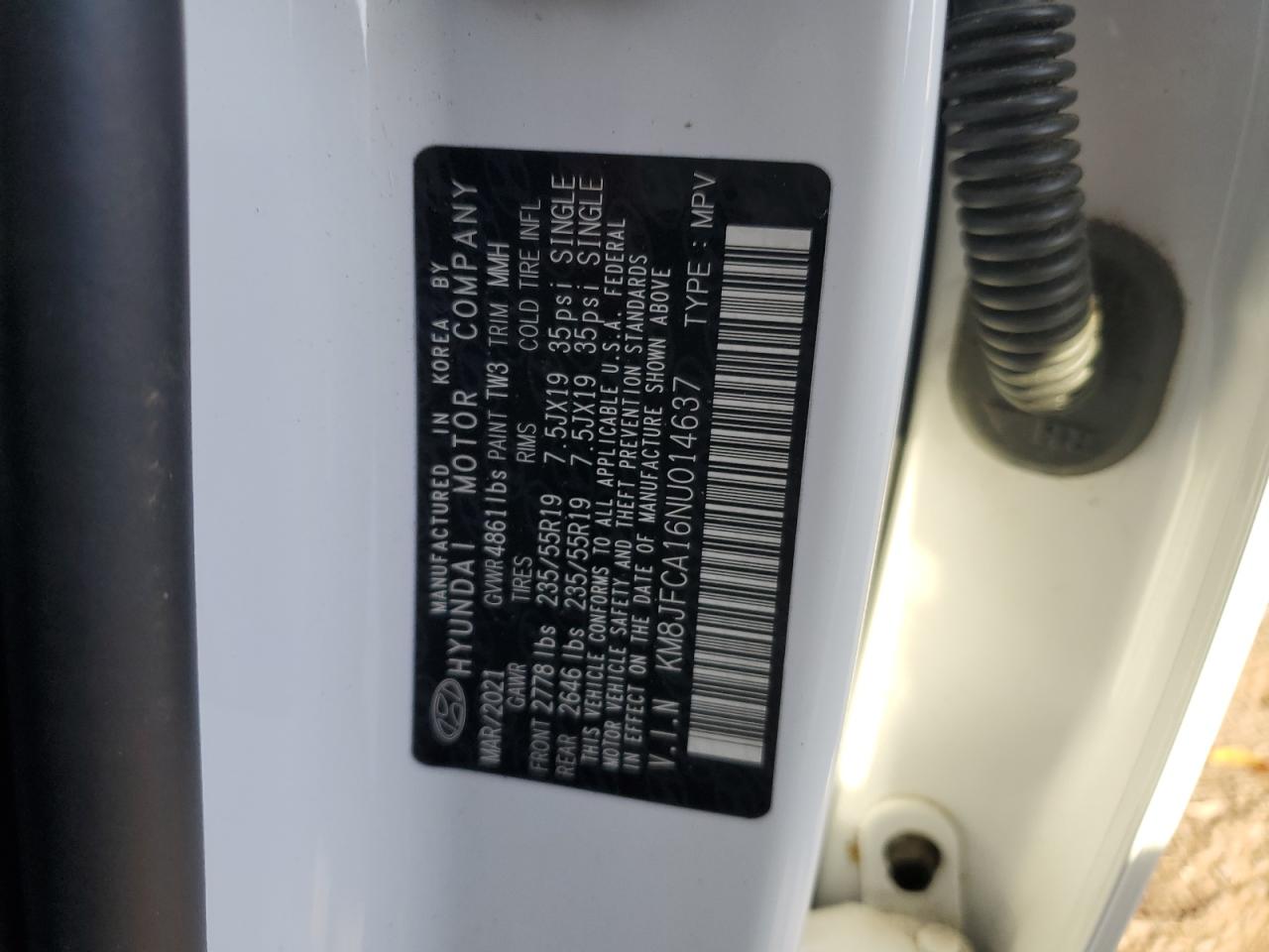 2022 HYUNDAI TUCSON SEL CONVENIENCE VIN:KM8JFCA16NU014637